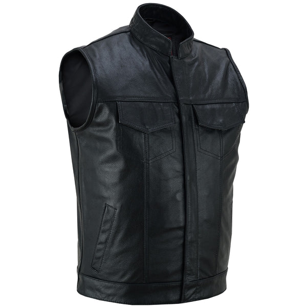 FOXKULL SOA Motorcycle Leather Vest for Men biker Club Style vest with Concealed carry Gun Pocket