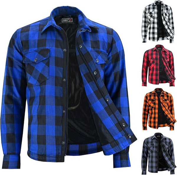 FOXKULL Motorcycle Flannel Shirt, Waterproof Storage Pockets, CE Armour Protection, Water Resistant