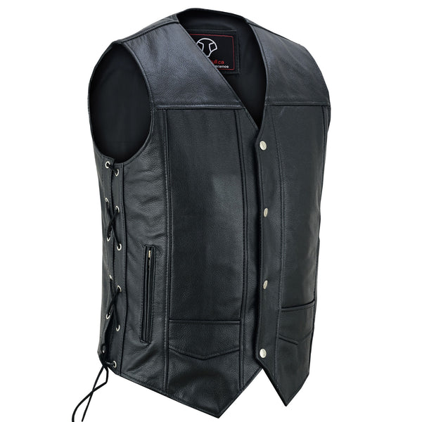 FOXKULL Motorcycle Leather Vest with Adjustable Side Lace for Men Club Style Riding Biker Vest with Concealed Gun Pocket