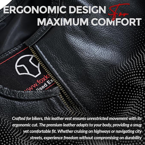 FOXKULL Motorcycle Armor Style Leather Vest for Men with Triple Straps Side Adjustable