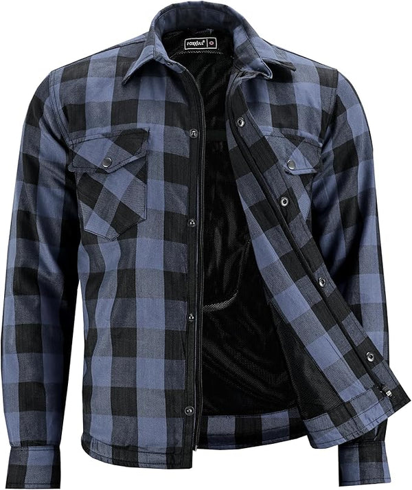 FOXKULL Motorcycle Flannel Shirt, Waterproof Storage Pockets, CE Armour Protection, Water Resistant