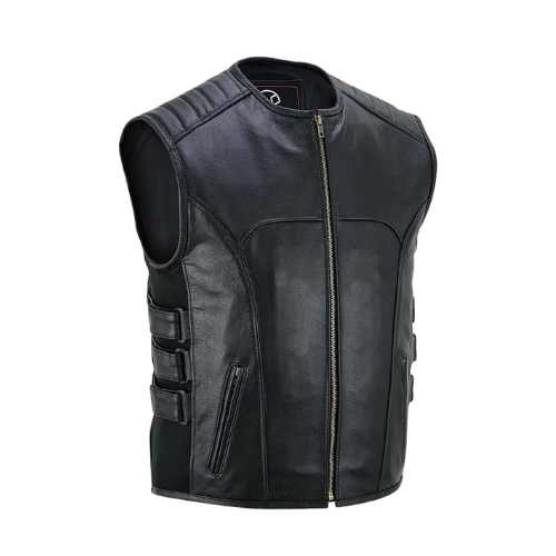 FOXKULL Motorcycle Armor Style Leather Vest for Men with Triple Straps Side Adjustable