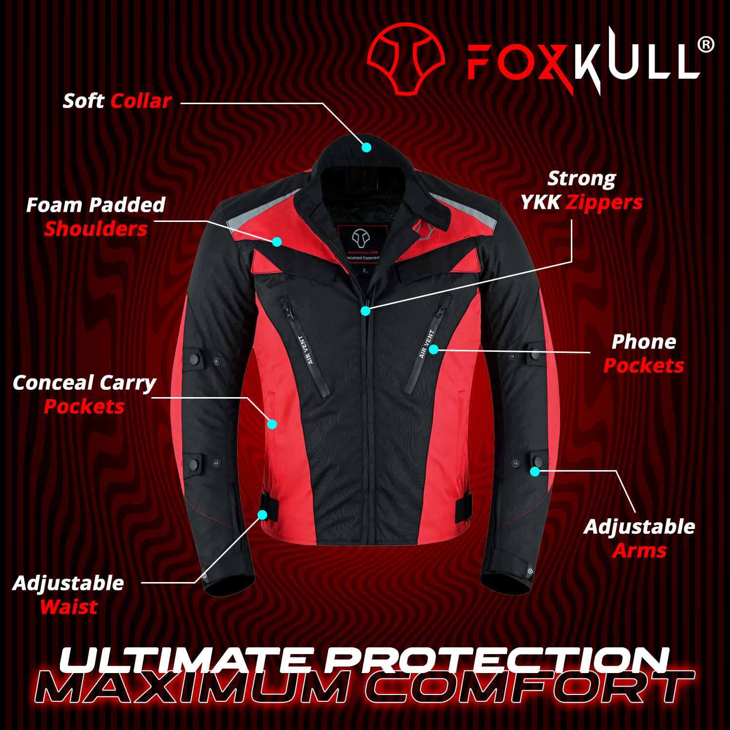 FOXKULL Motorsports Men’s Textile All-Season Motorcycle CE Armored Waterproof Protective with Air Vent Zippers ( RED )