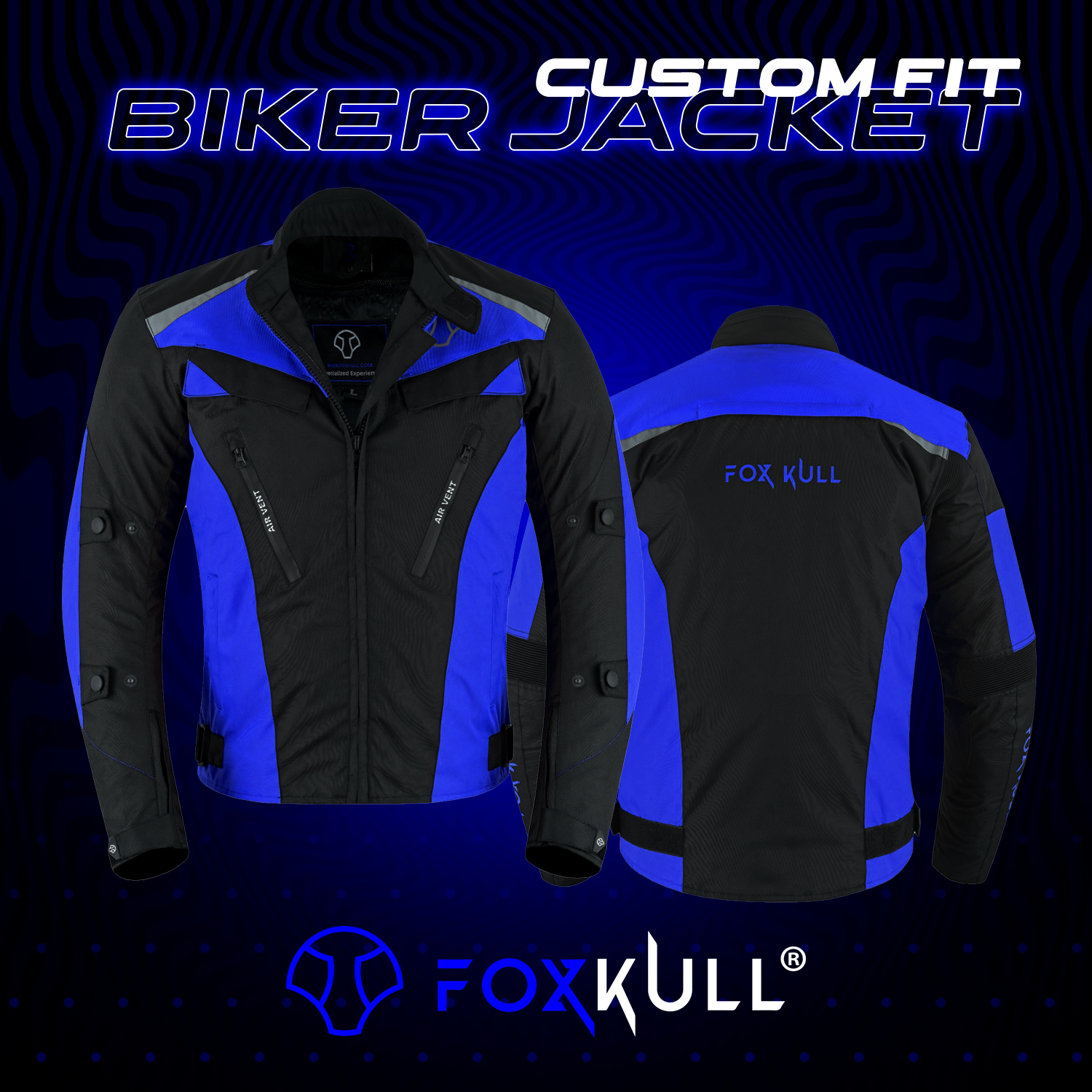 FOXKULL Motorsports Men’s Textile All-Season Motorcycle CE Armored Waterproof Protective with Air Vent Zippers ( BLUE )