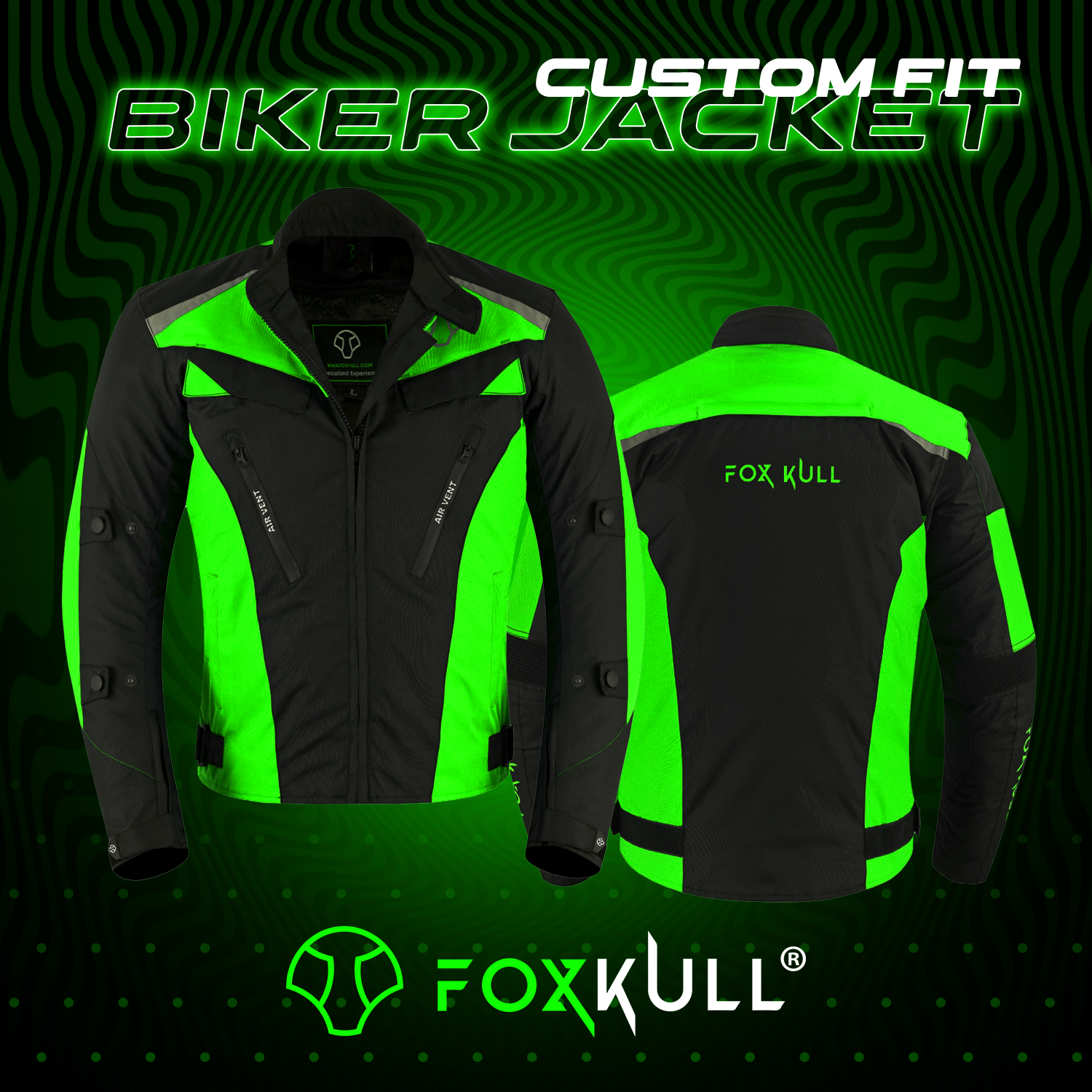 FOXKULL Motorsports Men’s Textile All-Season Motorcycle CE Armored Waterproof Protective with Air Vent Zippers (GREEN )