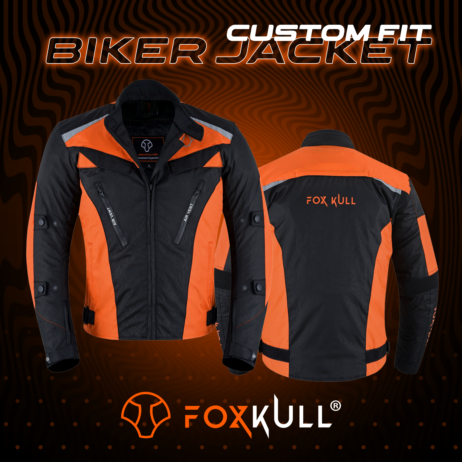 FOXKULL Motorsports Men’s Textile All-Season Motorcycle CE Armored Waterproof Protective with Air Vent Zippers ( ORANGE )