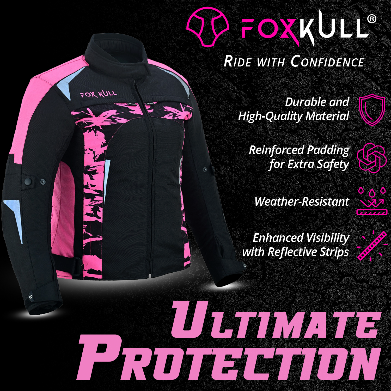 FOXKULL Motorsports WOMEN’s Textile All-Season Motorcycle CE Armored Waterproof Protective with Air Vent Zippers ( PINK CAMO )