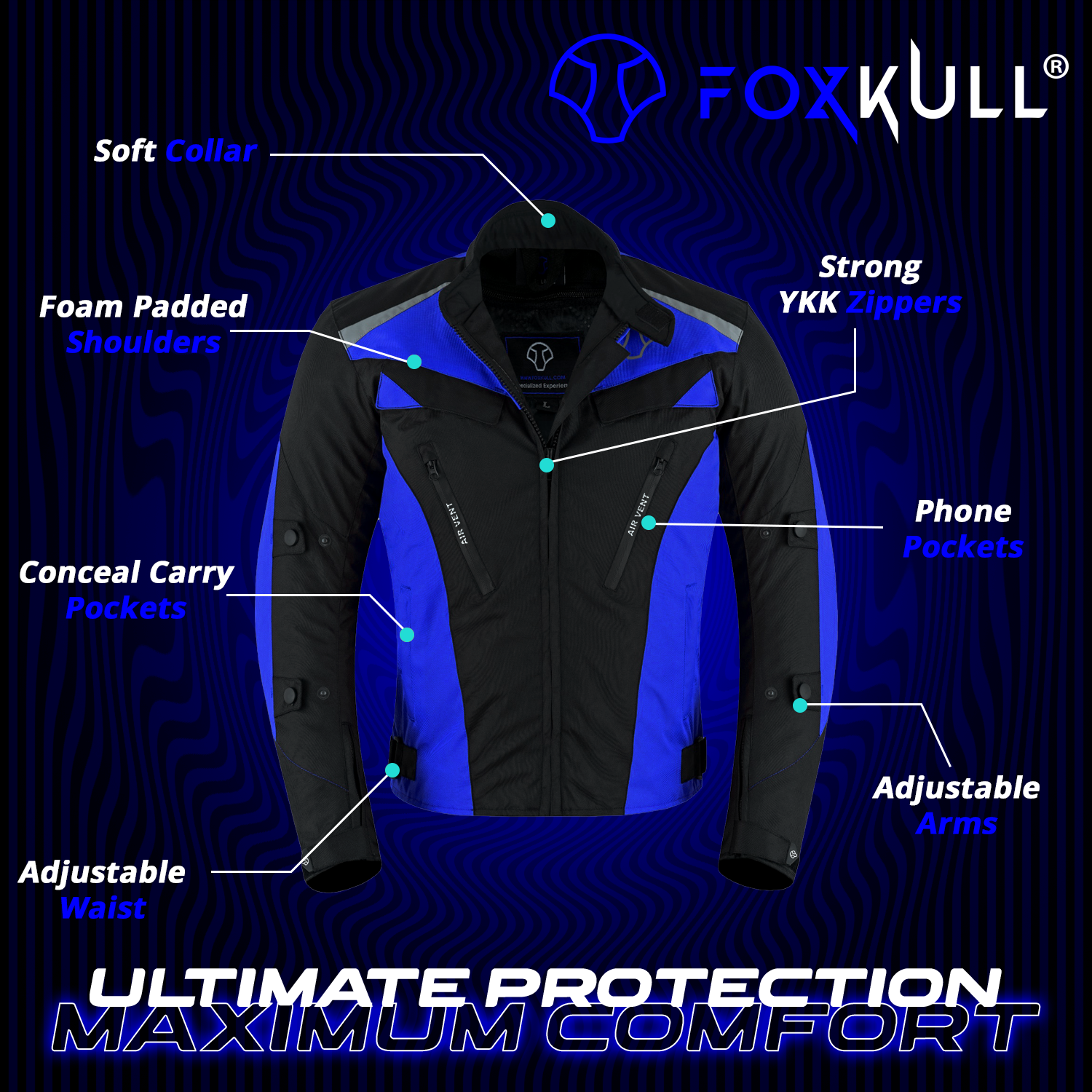 FOXKULL Motorsports Men’s Textile All-Season Motorcycle CE Armored Waterproof Protective with Air Vent Zippers ( BLUE )