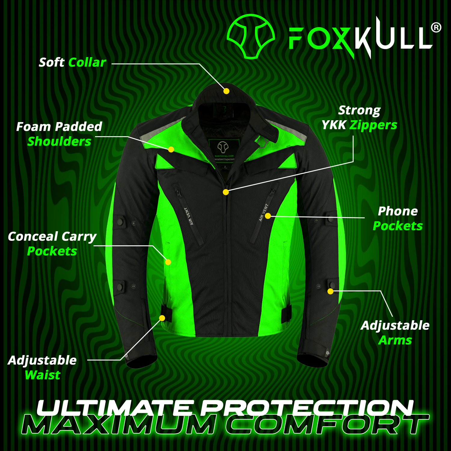 FOXKULL Motorsports Men’s Textile All-Season Motorcycle CE Armored Waterproof Protective with Air Vent Zippers (GREEN )