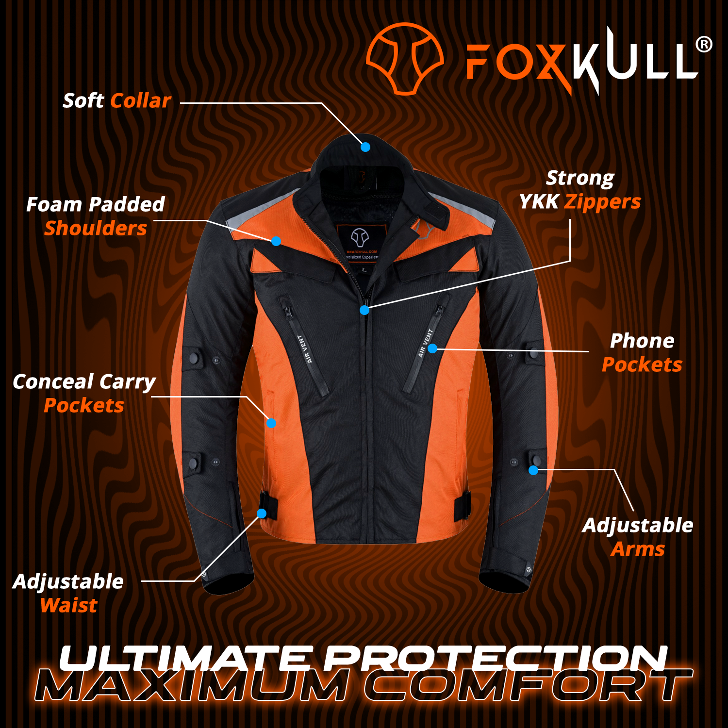 FOXKULL Motorsports Men’s Textile All-Season Motorcycle CE Armored Waterproof Protective with Air Vent Zippers ( ORANGE )