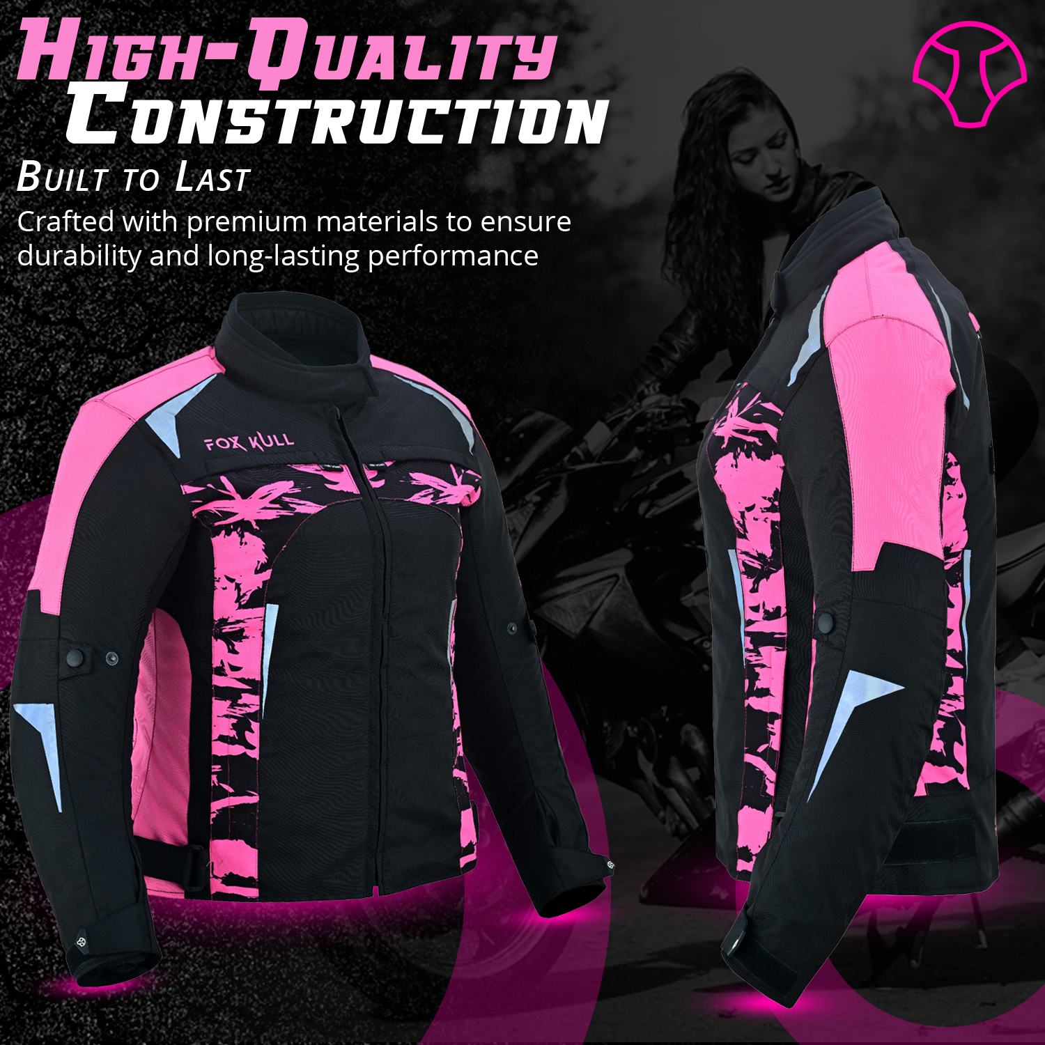 FOXKULL Motorsports WOMEN’s Textile All-Season Motorcycle CE Armored Waterproof Protective with Air Vent Zippers ( PINK CAMO )