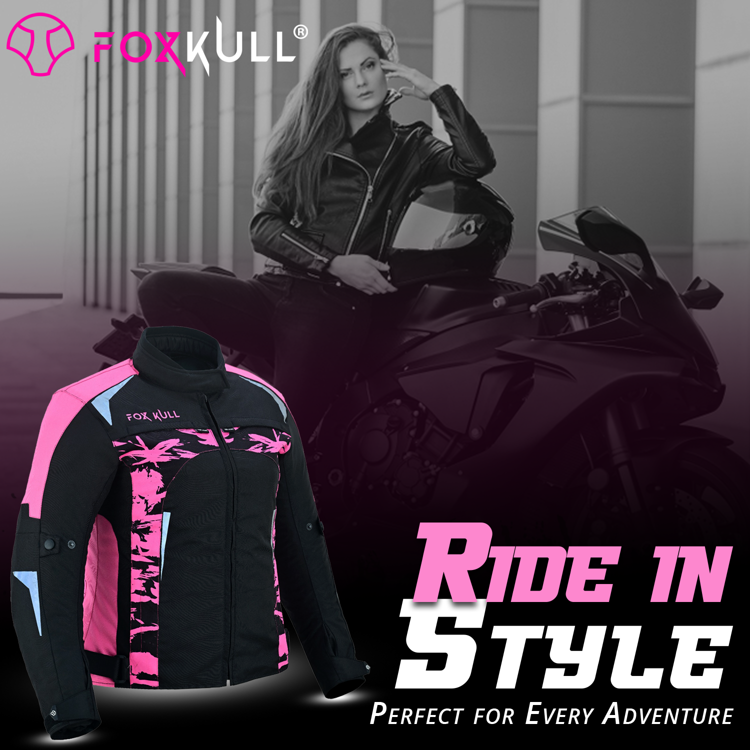 FOXKULL Motorsports WOMEN’s Textile All-Season Motorcycle CE Armored Waterproof Protective with Air Vent Zippers ( PINK CAMO )