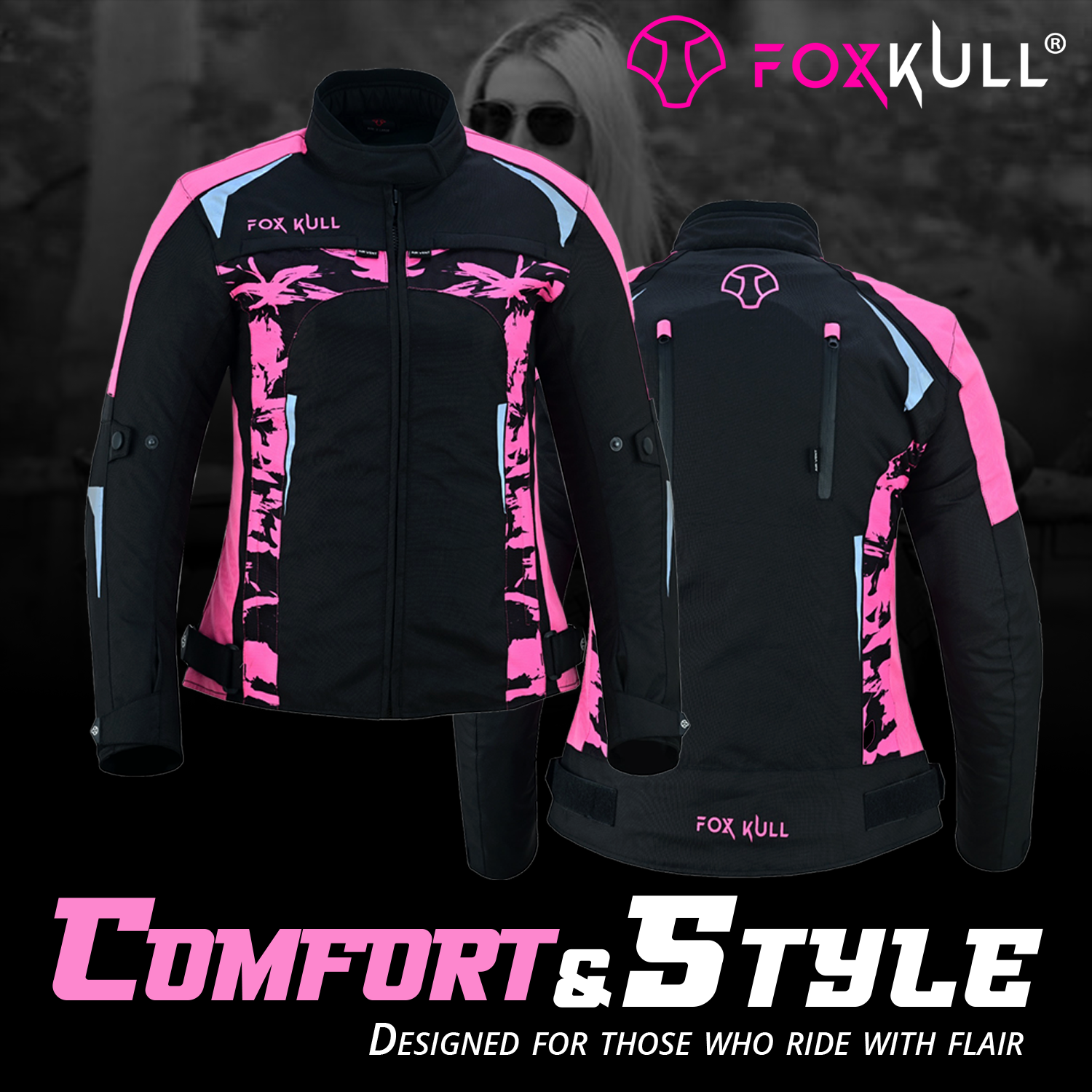 FOXKULL Motorsports WOMEN’s Textile All-Season Motorcycle CE Armored Waterproof Protective with Air Vent Zippers ( PINK CAMO )