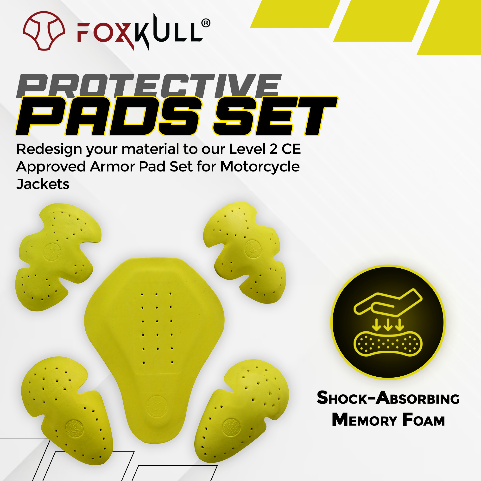 FOXKULL 5 PC - CE Certified Armor Pads l Level 2 Approved Back, Shoulder and Elbows Armor Protector Inserts for Motorcycle Jackets