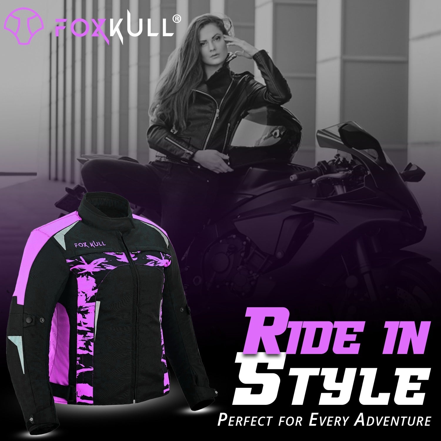 FOXKULL Motorsports WOMEN’s Textile All-Season Motorcycle CE Armored Waterproof Protective with Air Vent Zippers