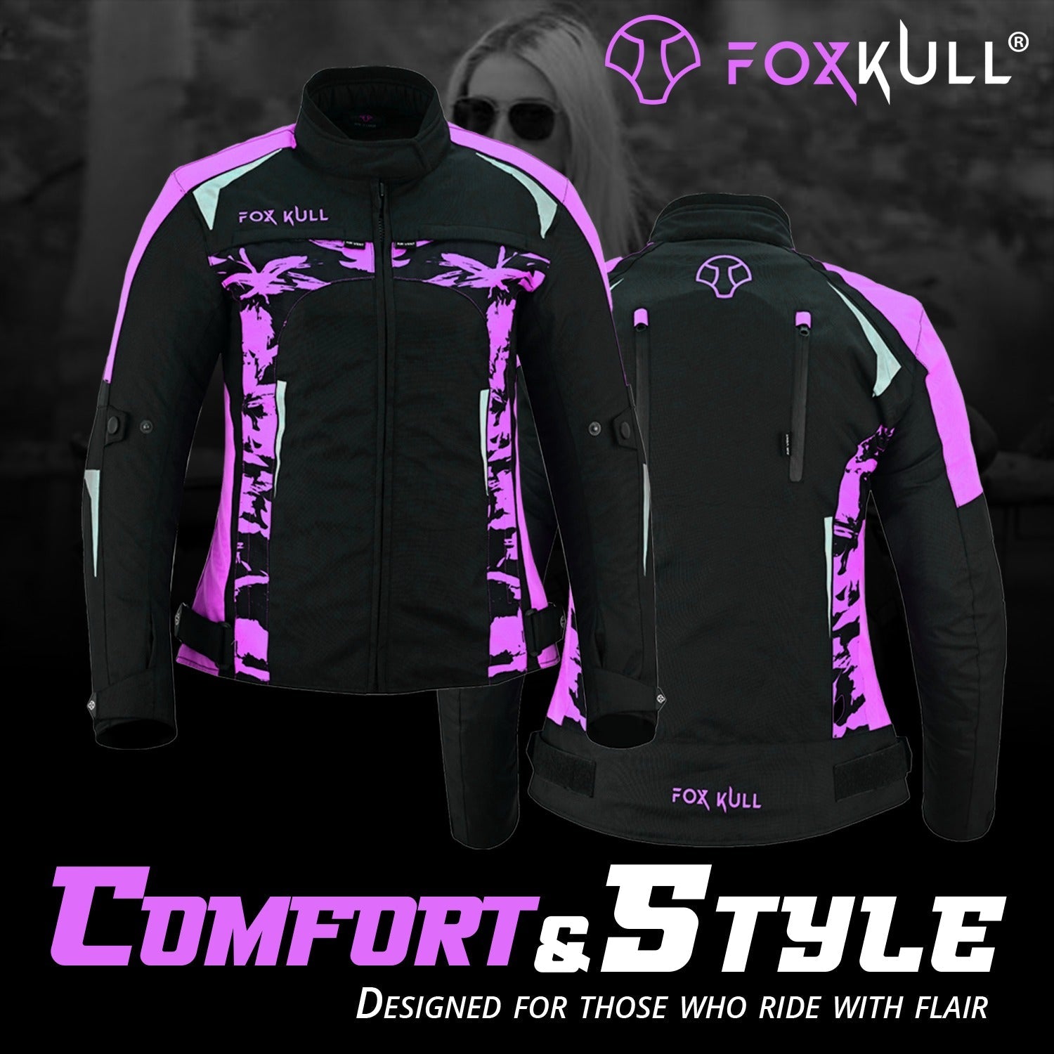 FOXKULL Motorsports WOMEN’s Textile All-Season Motorcycle CE Armored Waterproof Protective with Air Vent Zippers