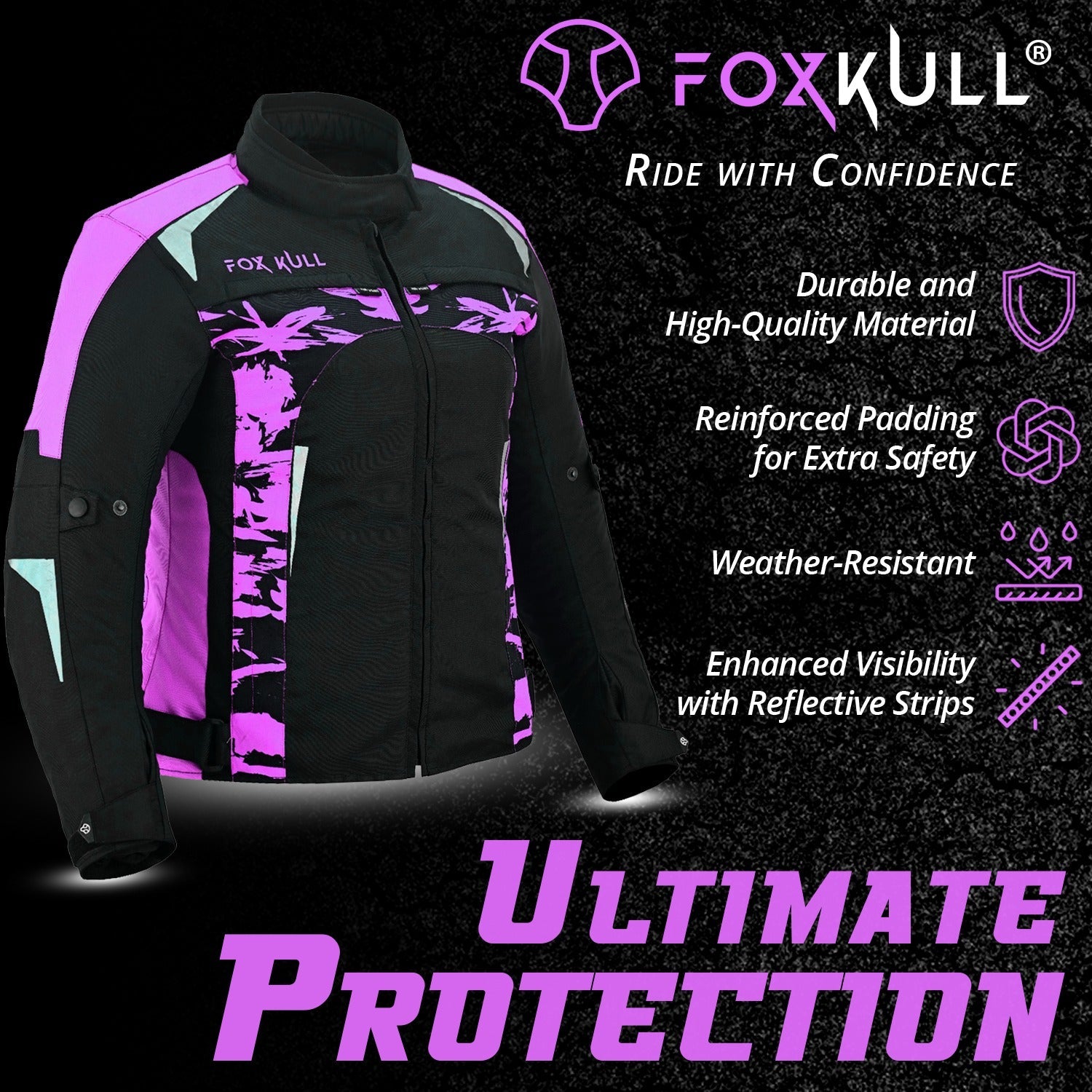 FOXKULL Motorsports WOMEN’s Textile All-Season Motorcycle CE Armored Waterproof Protective with Air Vent Zippers