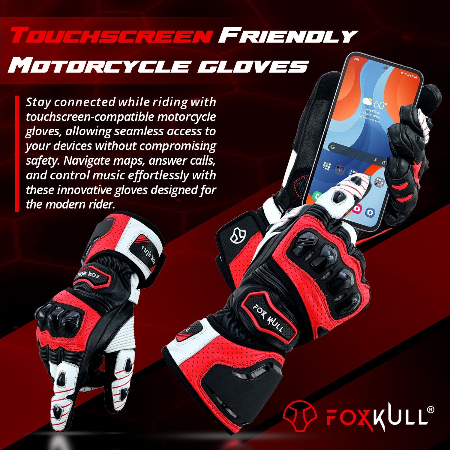 FOXKULL Eagle Motorcycle Full Finger Gloves with Knuckle Protector for Men Women Riding Motorbike Cruiser Touring Bicycle